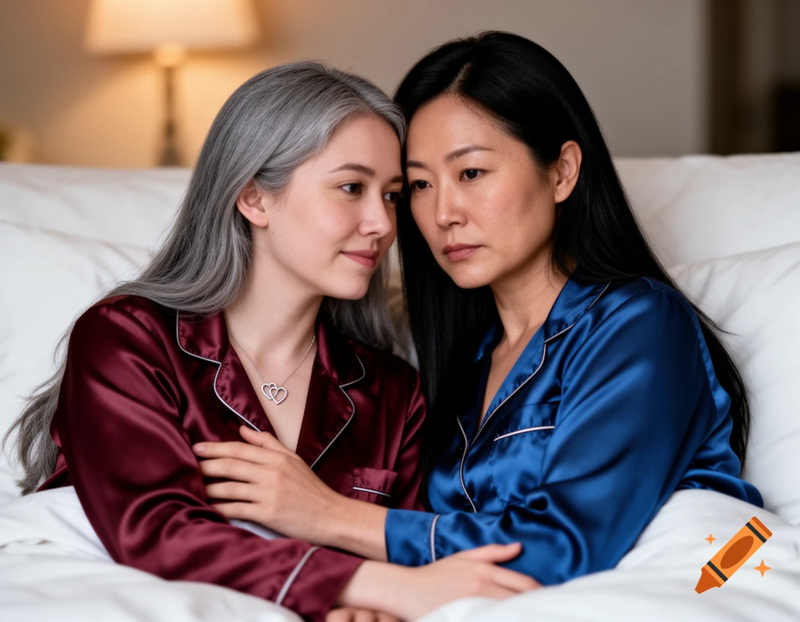 Two women in silk pajamas embrace in bed; one with gray hair and a heart necklace, the other with black hair.