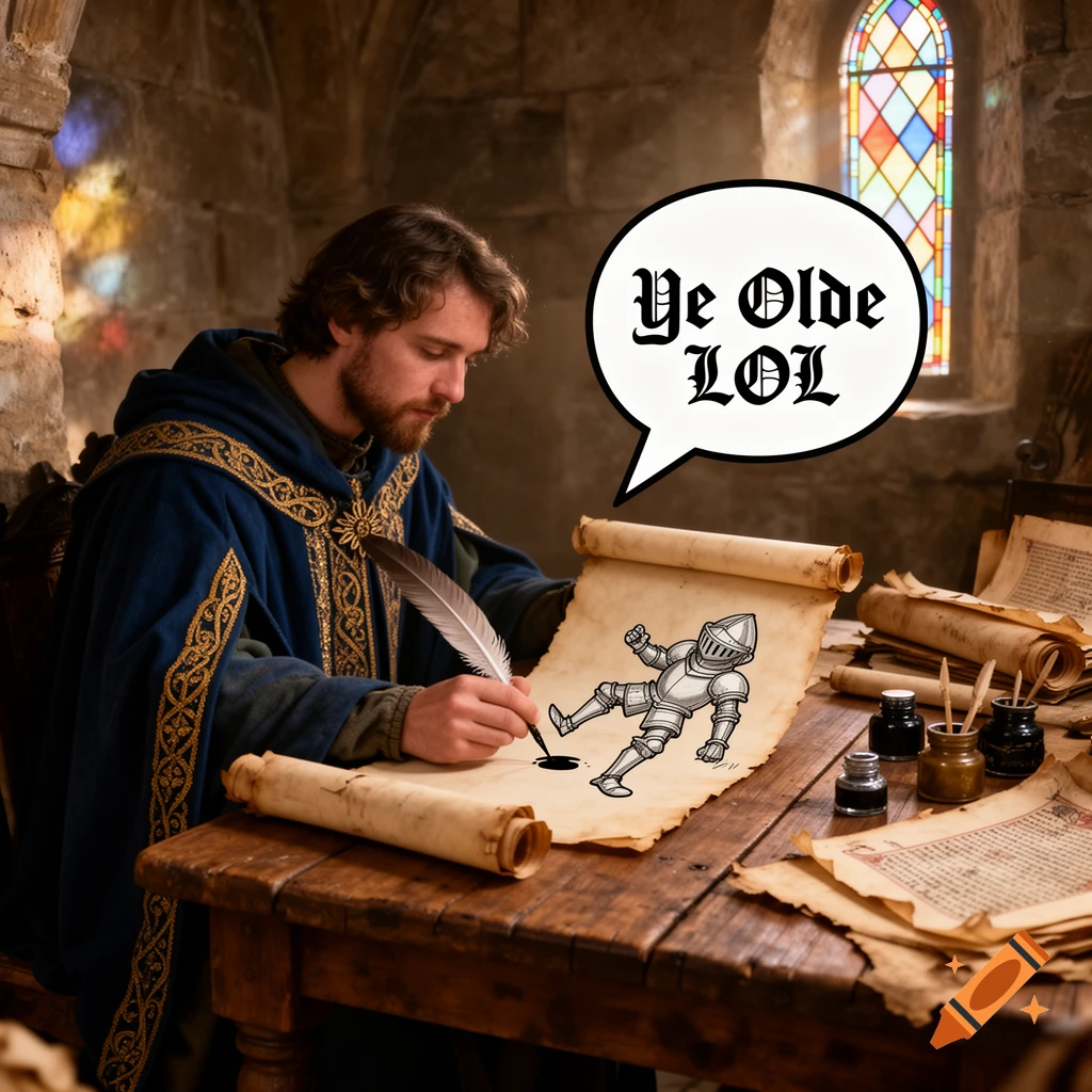 A medieval scribe draws a cartoon knight falling into an inkwell, with a speech bubble saying 'Ye Olde LOL' in a detailed room.