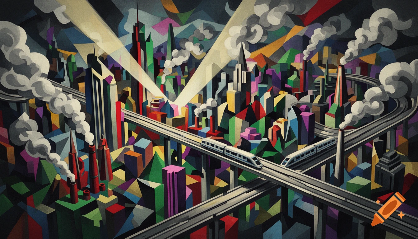 Vibrant Cubist illustration of a futuristic cityscape with colorful high-rises, elevated trains, and plumes of smoke under dramatic spotlights.