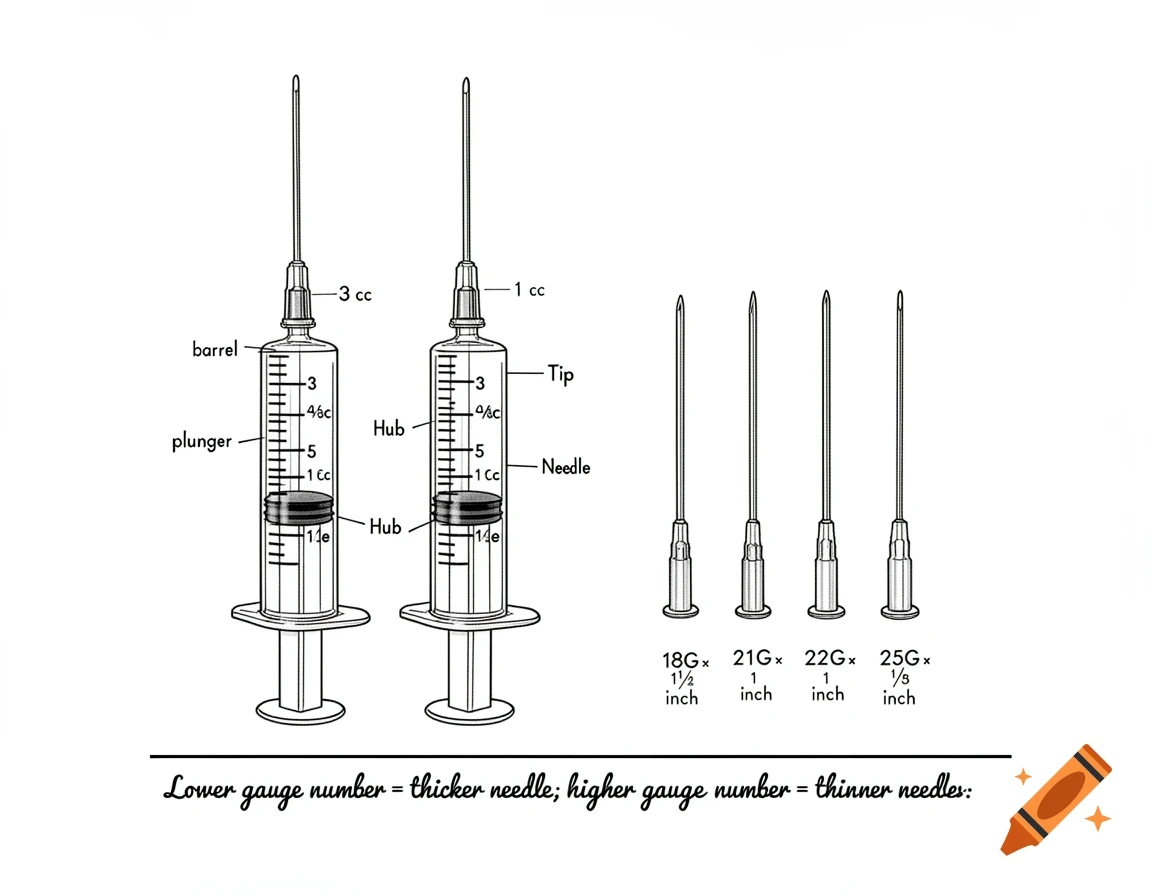 A black-and-white educational drawing of two syringes, one 3cc and one 1cc, with labels for their parts, and four needles of different gauges and lengths, with a note explaining needle gauge.