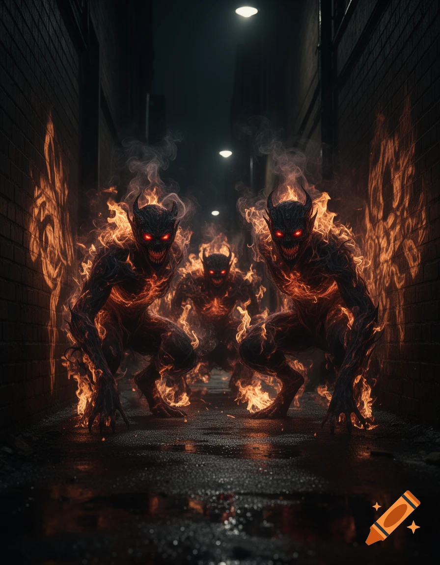 Three horned, demonic creatures engulfed in smoke and fire crouch in a dark, wet alleyway, staring forward with glowing red eyes.
