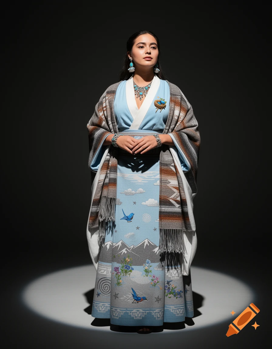 A woman in an elegant blue and brown Navajo-inspired ceremonial kimono with embroidered nature scenes, adorned with turquoise jewelry.