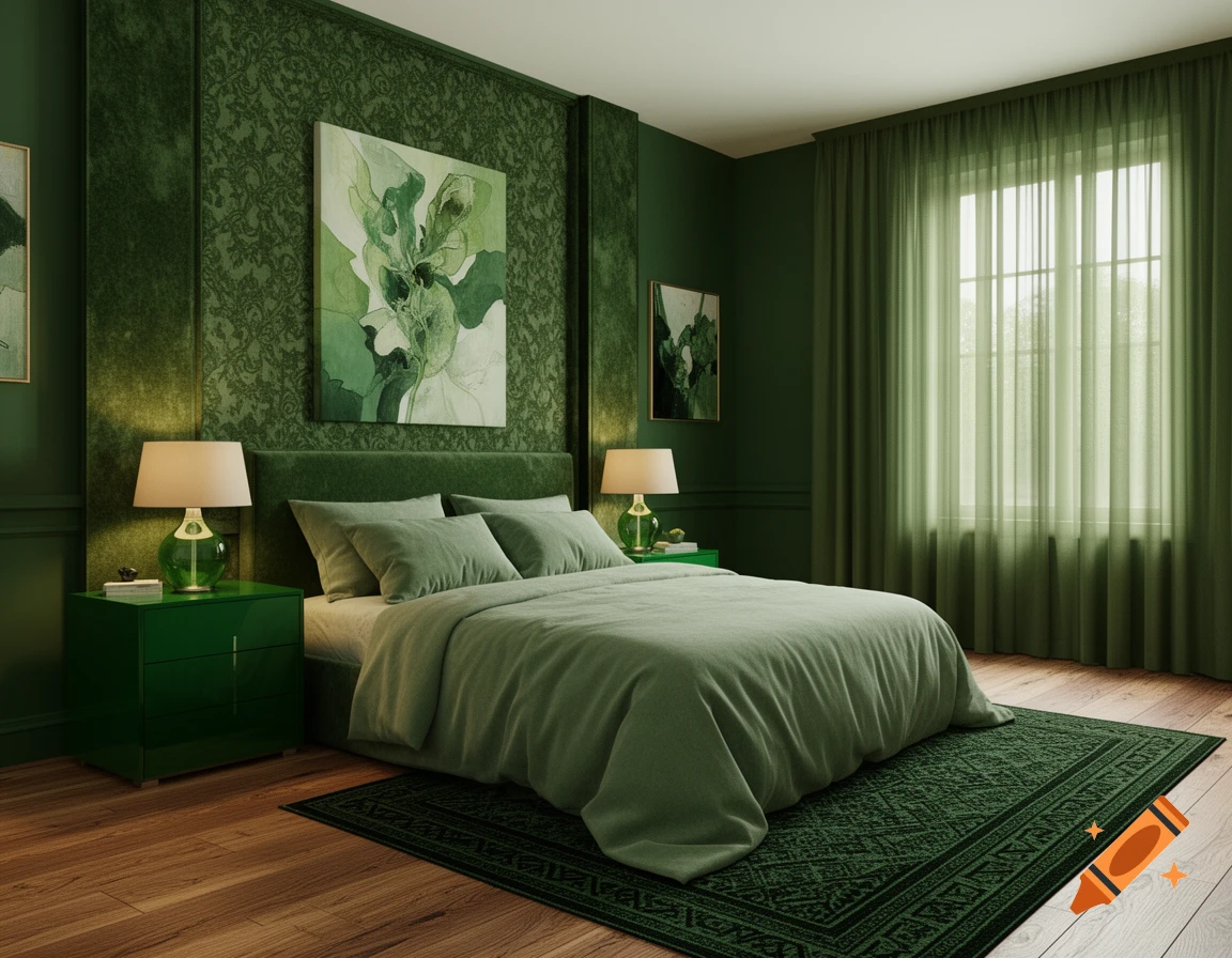 A green-themed photorealistic bedroom with a bed, nightstands, lamps, window with curtains, and a patterned rug.