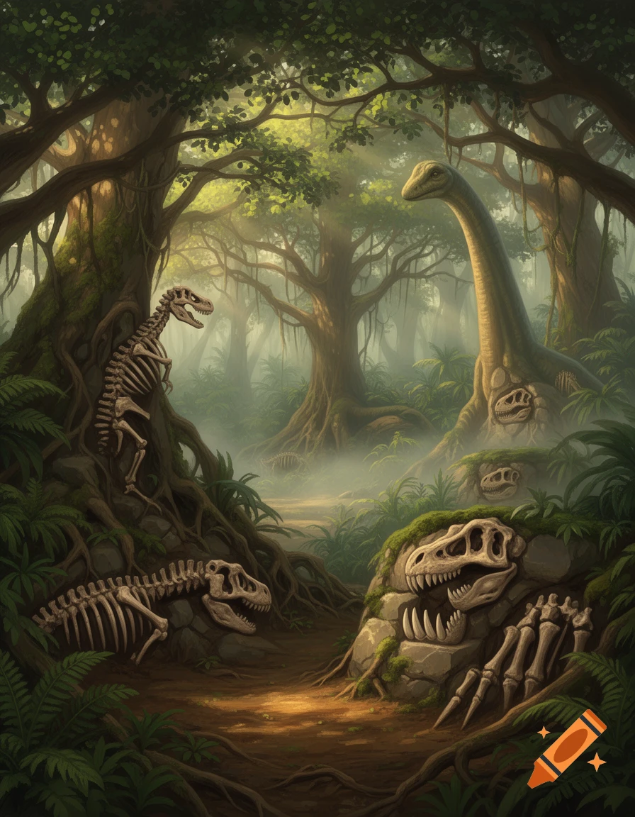 Lush, misty jungle digital painting with a path, featuring multiple dinosaur skeletons and skulls amongst roots and rocks.