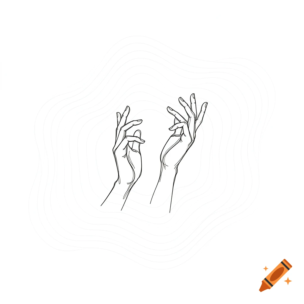 Minimalistic line drawing of two disembodied, gesturing hands with faint wavy lines in the background.