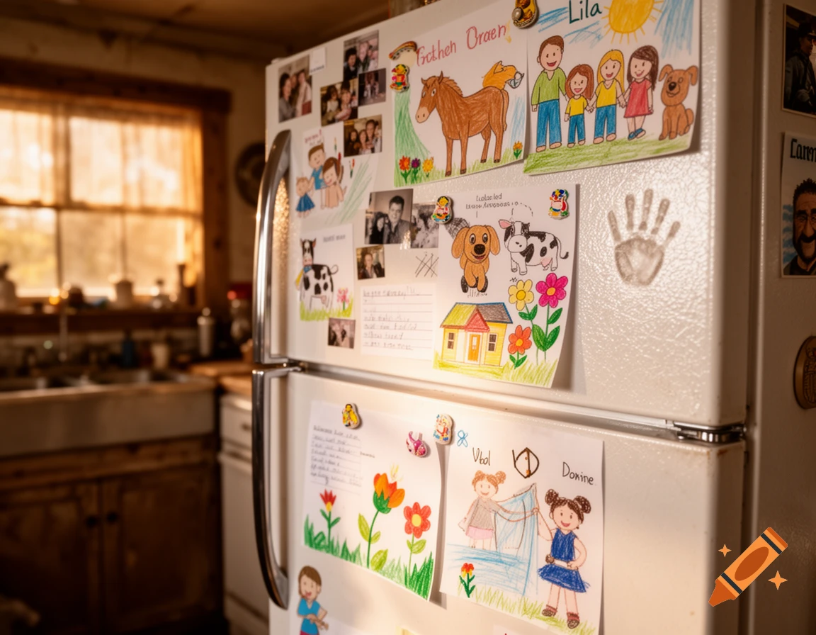 Close-up of a white refrigerator in a rustic kitchen, covered with colorful children's drawings, family photos, and notes, bathed in warm morning light.