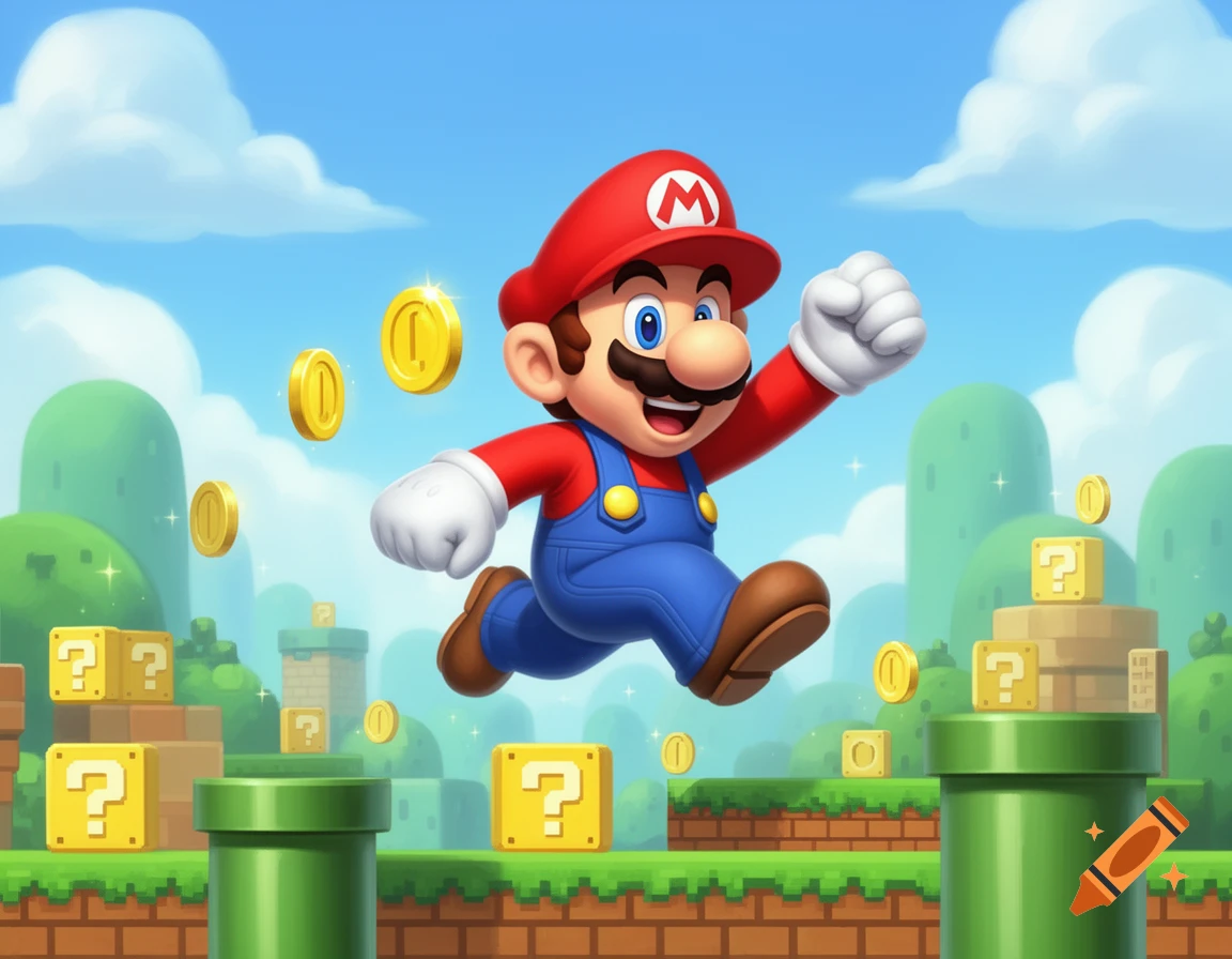 Mario jumps in a vibrant, cartoonish Super Mario Bros. world, surrounded by green pipes, question blocks, and floating coins under a blue sky.