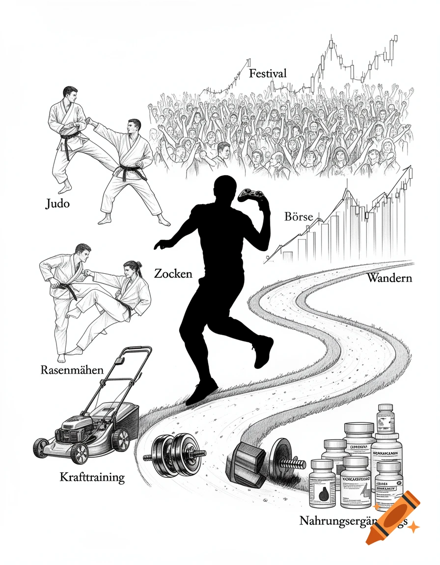 A black and white line art illustration showcasing various hobbies, including judo, gaming, weight training, lawn mowing, hiking, a music festival, stock market charts, and nutritional supplements.