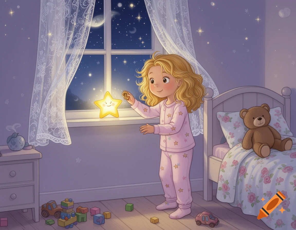 A little girl in pink pajamas reaches for a glowing star on her window sill in her bedroom at night, in a children's illustration style.