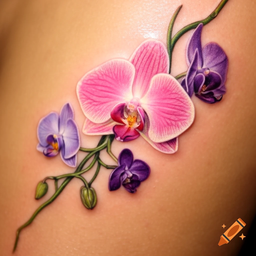 A vibrant, photorealistic tattoo featuring pink and purple orchids with green stems and buds on skin.