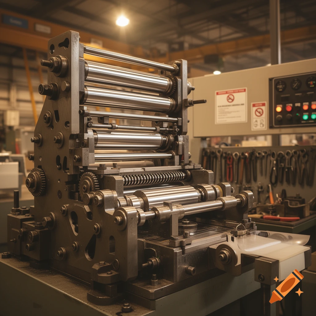 A photorealistic image of a complex industrial printing press with many rollers and gears in a dimly lit factory.