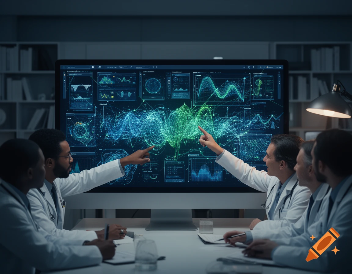 Doctors in lab coats point at a large monitor displaying complex medical data and graphs in a dimly lit lab.