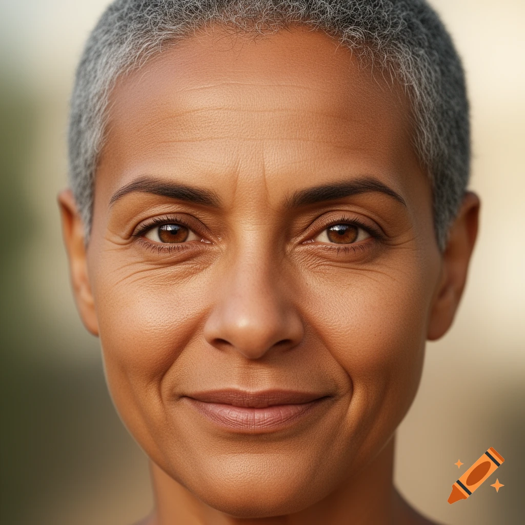 Close-up portrait of a smiling older woman with short grey hair and brown eyes.