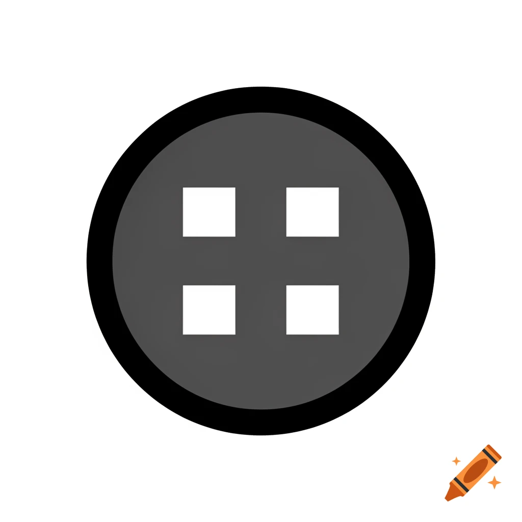 Minimalist 2D graphic of a LEGO car headlight sticker, a dark gray circle with a black outline and four white squares, on a white background.