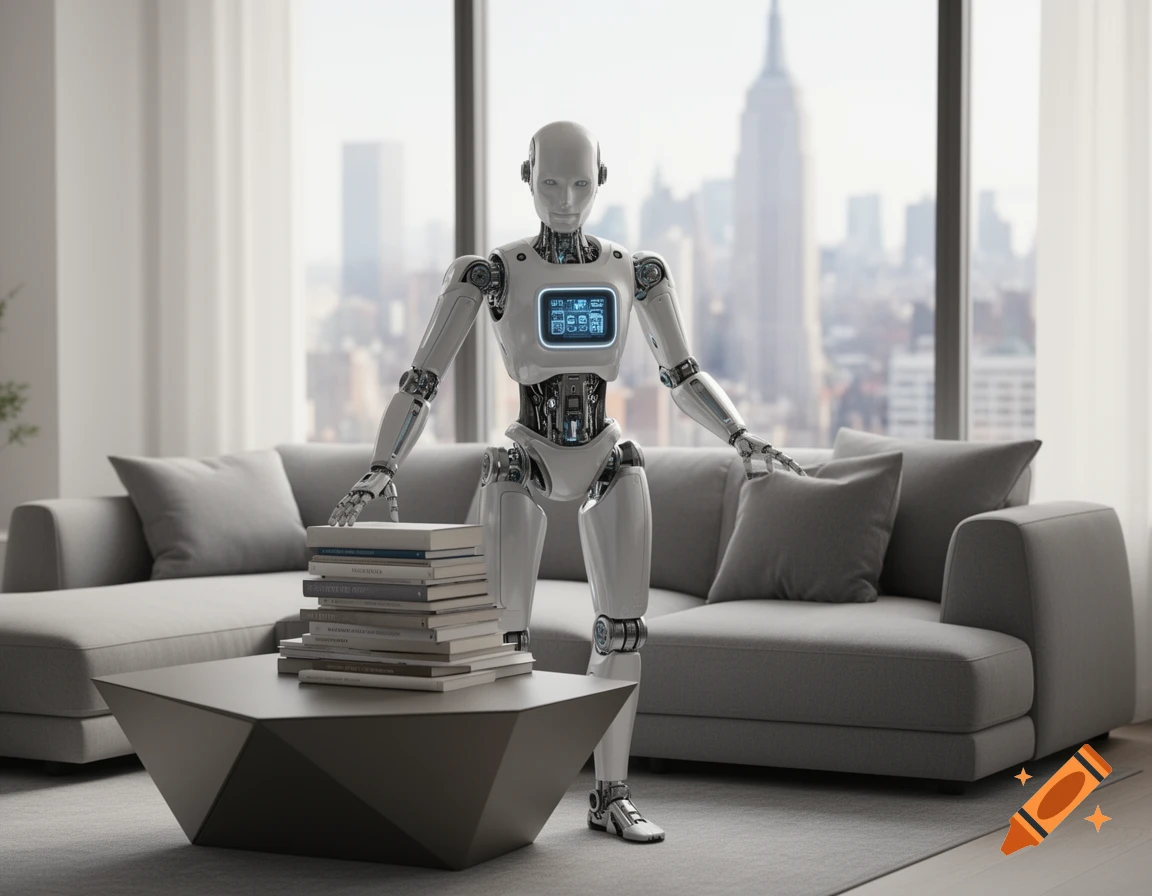 A photorealistic white humanoid robot stands next to a stack of books on a coffee table in a modern living room overlooking a city.