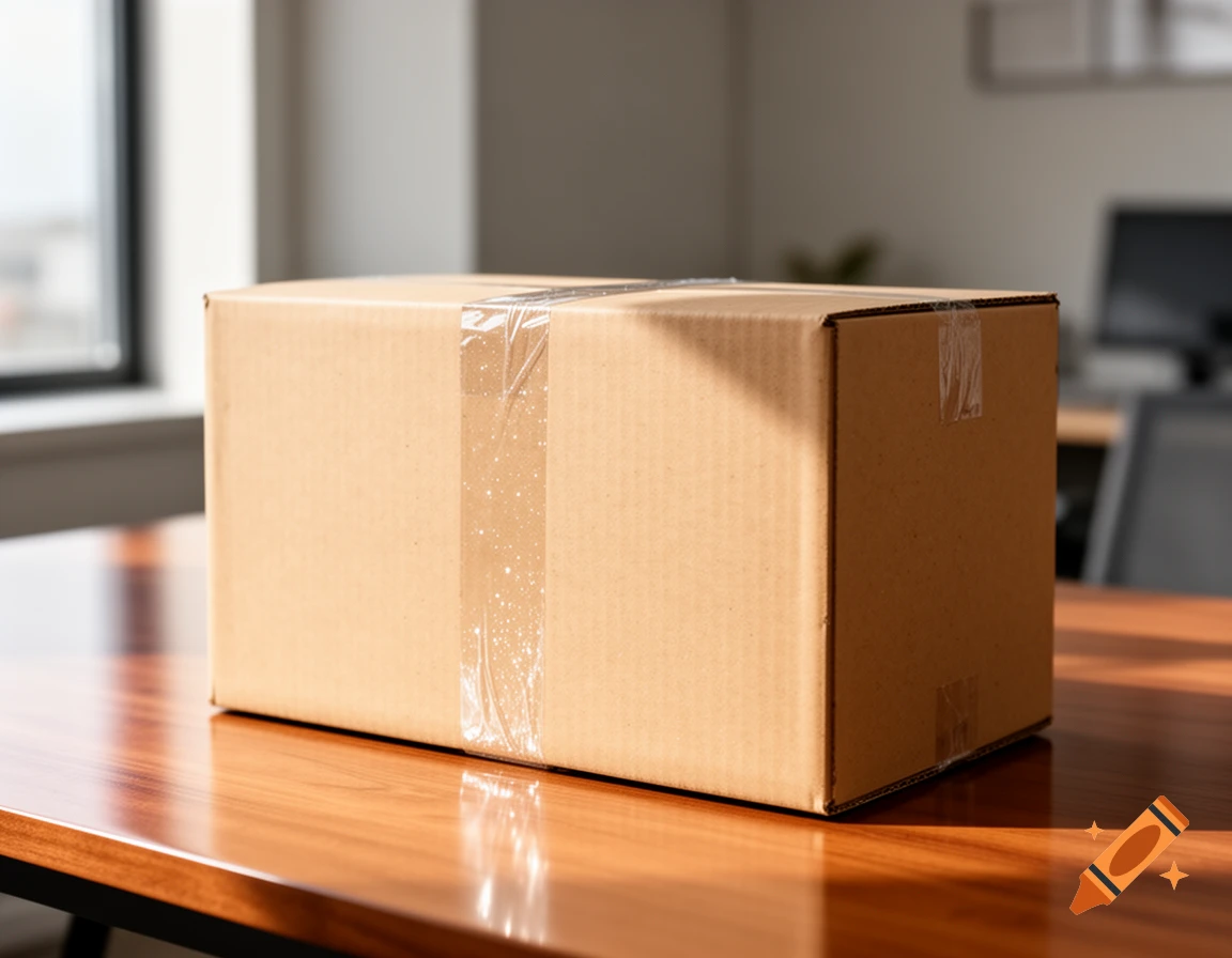 A realistic image of a sealed brown cardboard box sitting on a polished wooden table in a sunlit room.