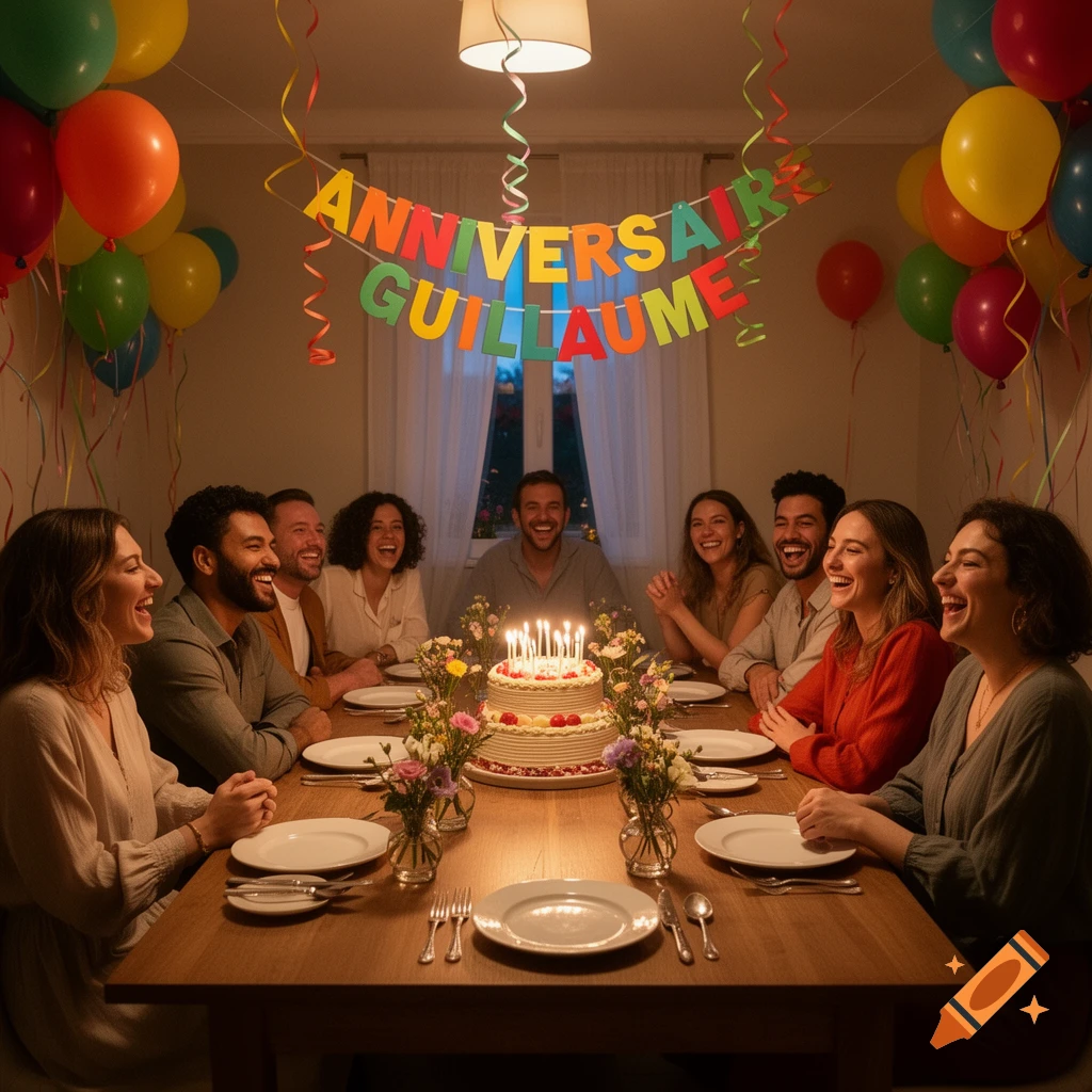 A diverse group of people laughing around a table with a birthday cake, candles, balloons, and a banner that reads "ANNIVERSAIRE GUILLAUME".