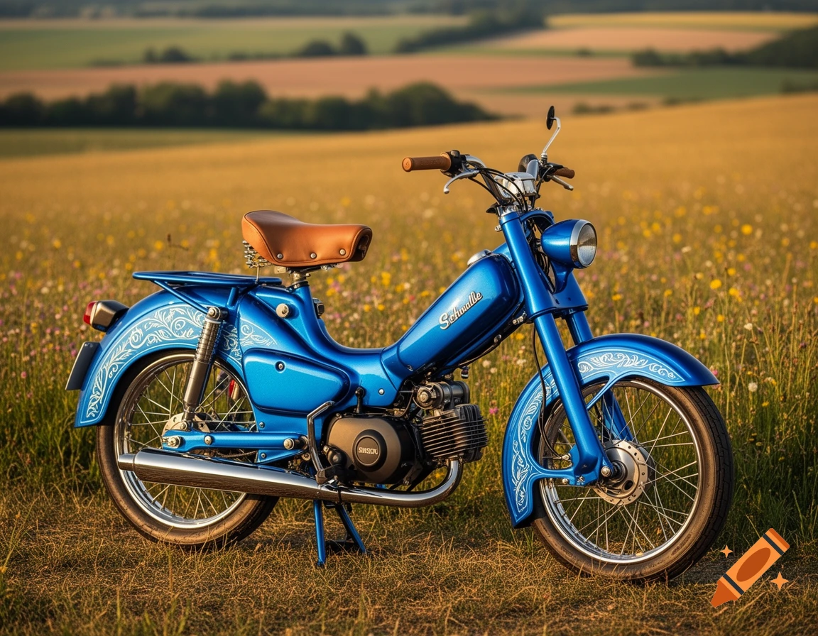 A blue vintage Simson Schwalbe moped with a brown seat is parked in a golden meadow with distant rolling hills.