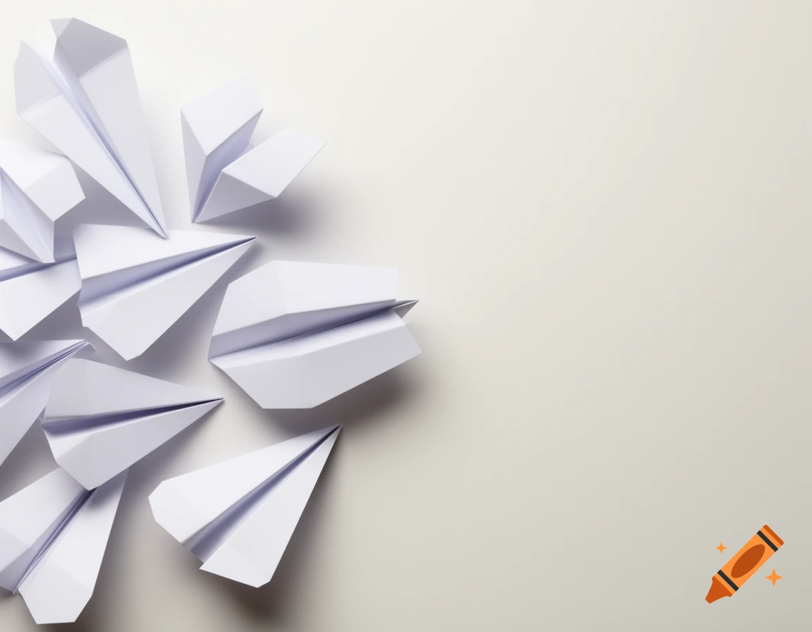 A top-down view of a pile of white paper airplanes on a light neutral background, with copy space on the right.