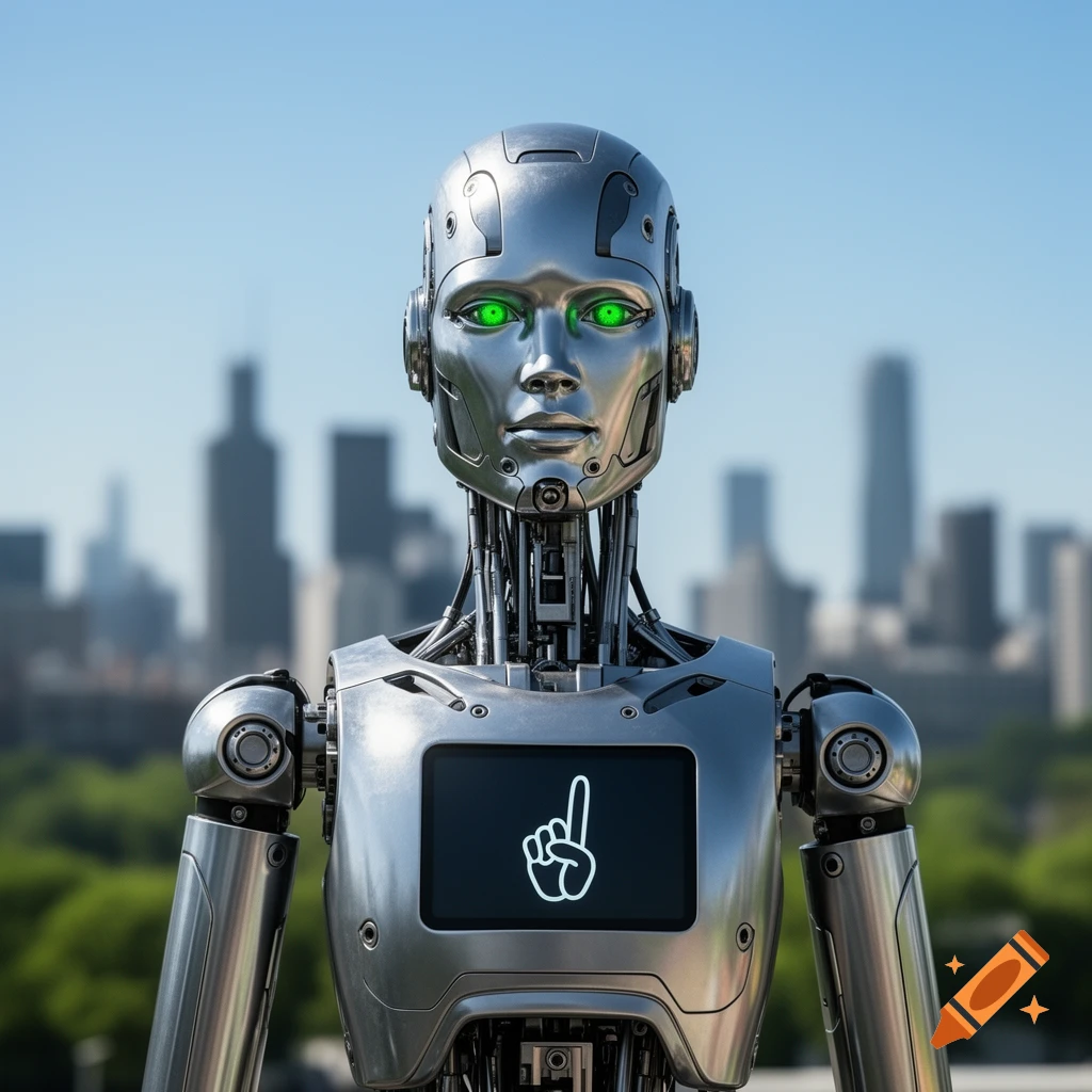 A photorealistic metallic robot with glowing green eyes and an upward-pointing finger icon on its chest stands against a blurred city skyline.