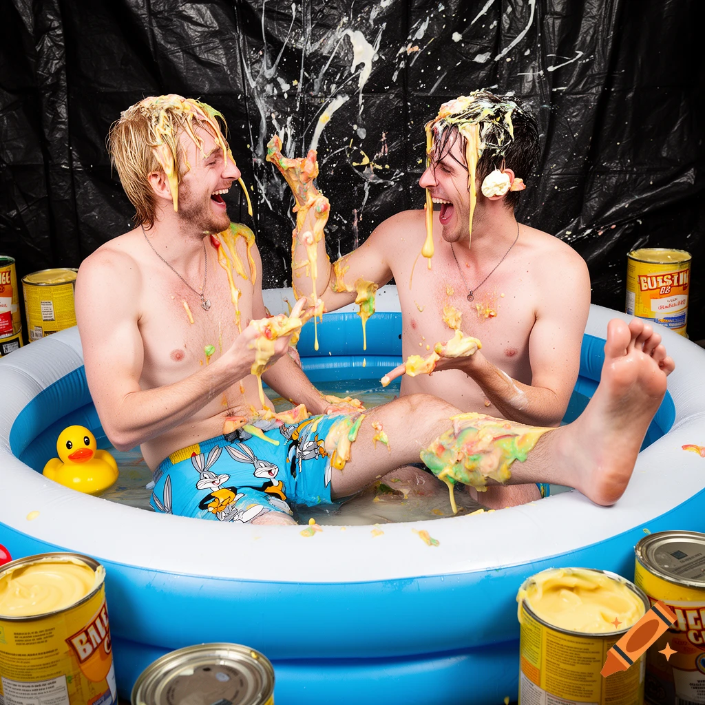 Two shirtless men in swim shorts laugh happily in an inflatable pool, covered in multicolored custard. Cans of custard and a rubber duck are nearby.