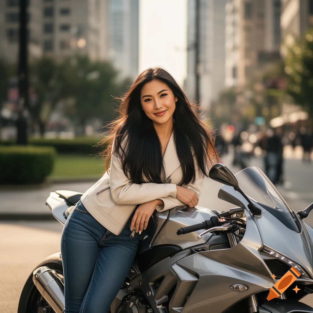 A smiling young Asian woman in a white jacket and jeans leans on a silver motorcycle on a city street.