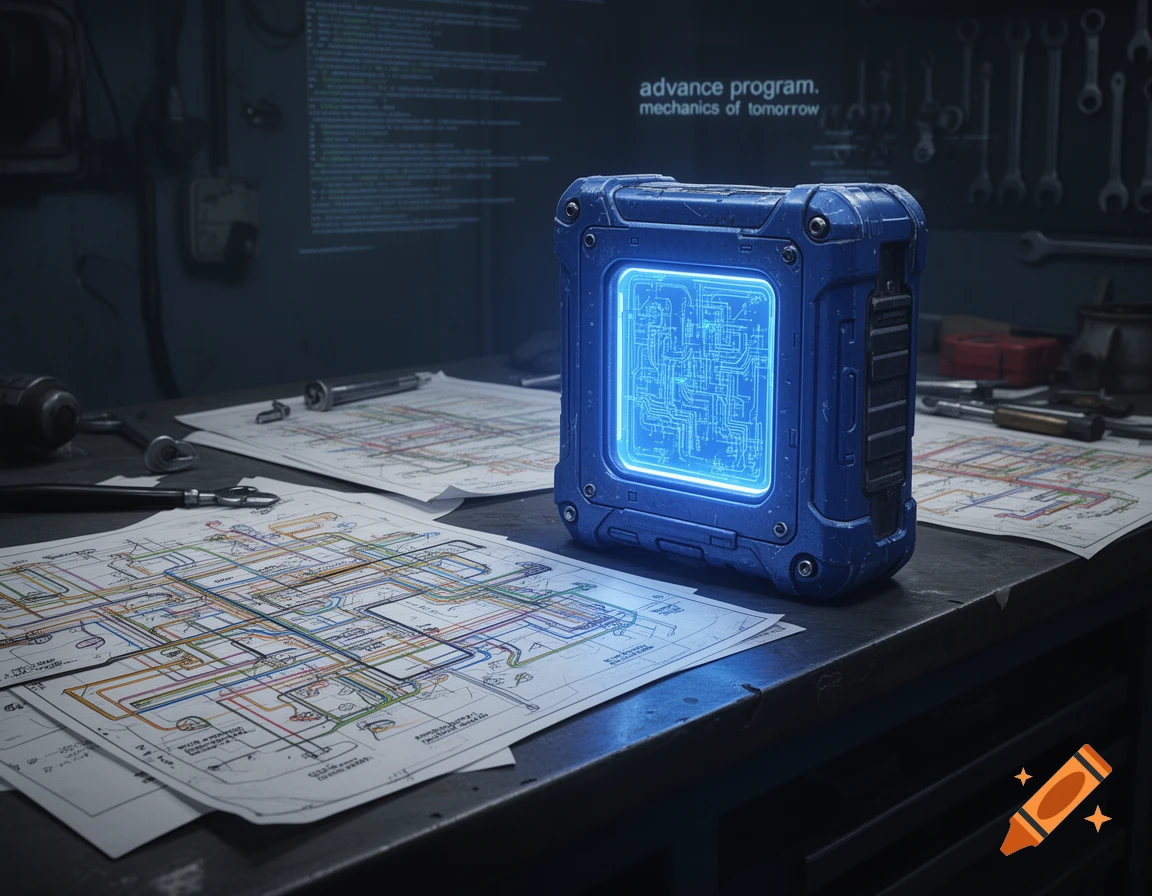 A blue rugged device with a glowing screen displaying circuits sits on a workbench with blueprints and tools. Text on a background screen reads 'advance program. mechanics of tomorrow'.