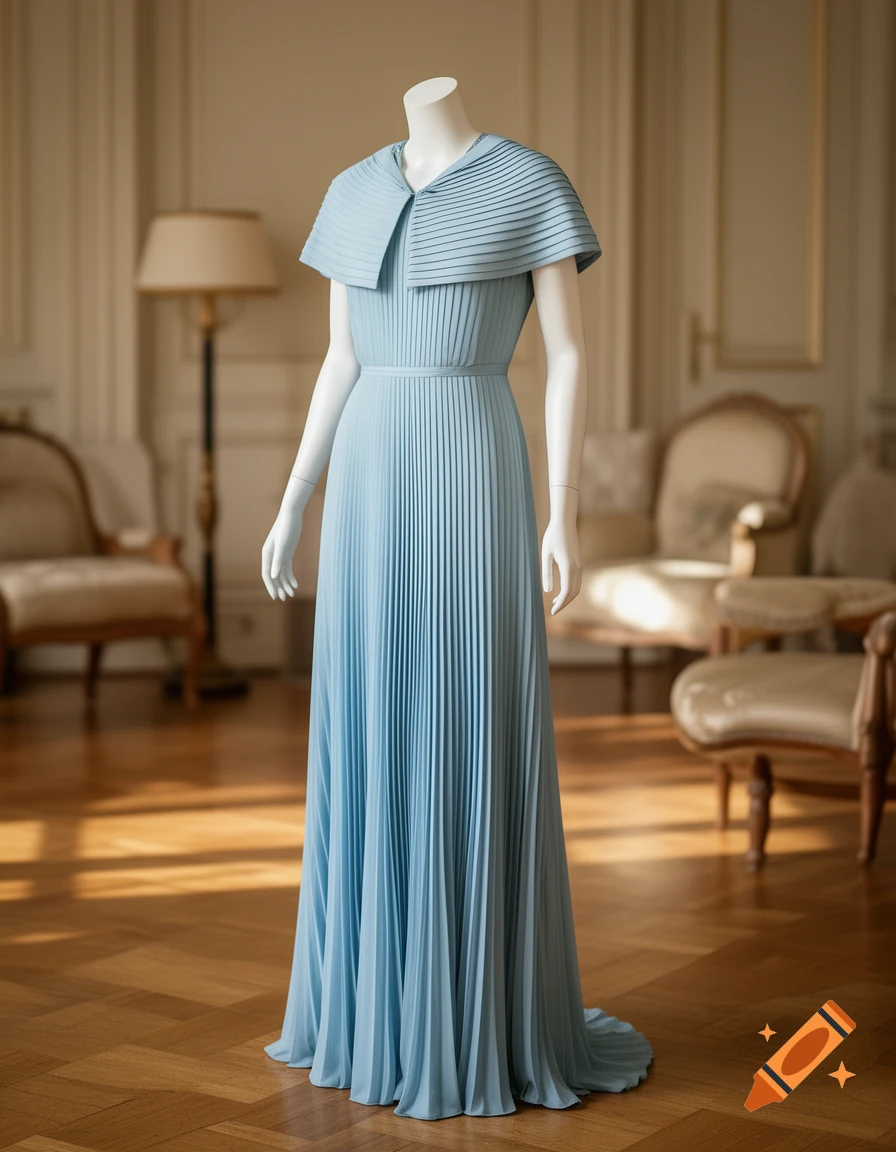 A light blue pleated dress with a short cape on a white mannequin in a well-lit, ornate room with wooden floors.