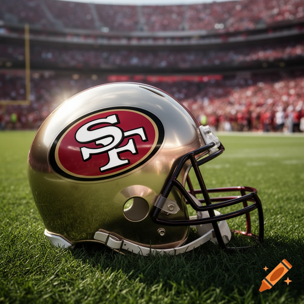 A shiny gold San Francisco 49ers football helmet with a red and white SF logo rests on green grass in a sunlit stadium.