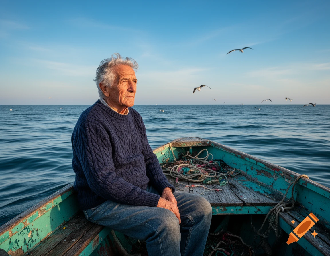 Photorealistic image of an elderly man with white hair sitting in a weathered boat on a calm blue sea, looking into the distance, with seagulls flying under a clear sky.