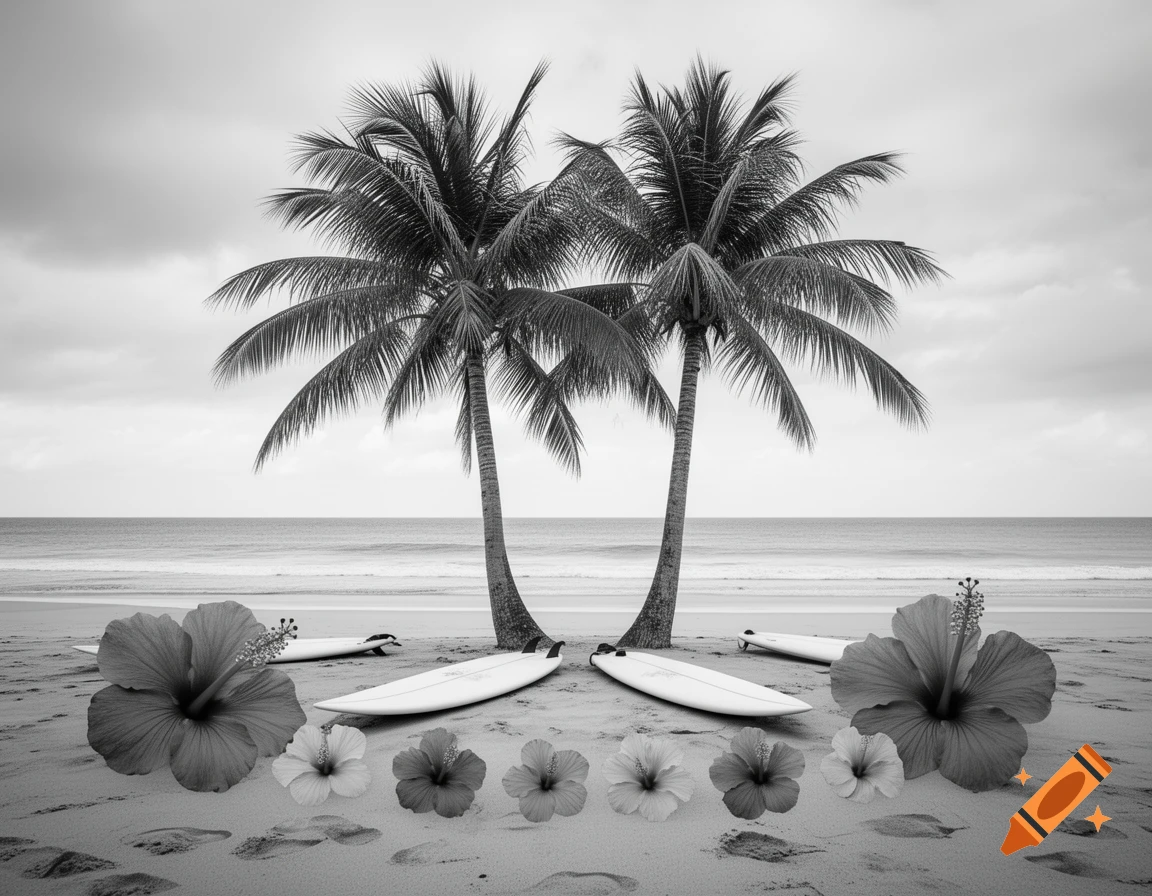 Black and white image of two palm trees on a sandy beach with surfboards and hibiscus flowers facing the ocean under a cloudy sky.