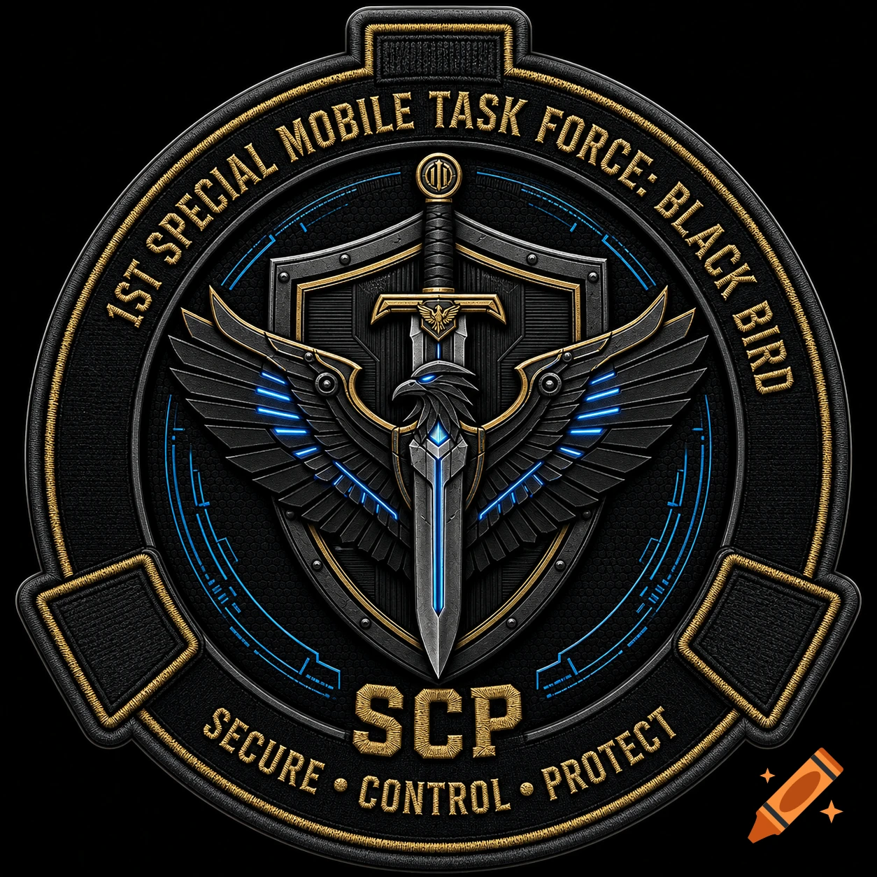 A detailed circular military-style patch emblem featuring a sword, shield, eagle wings with blue glow, and text.
