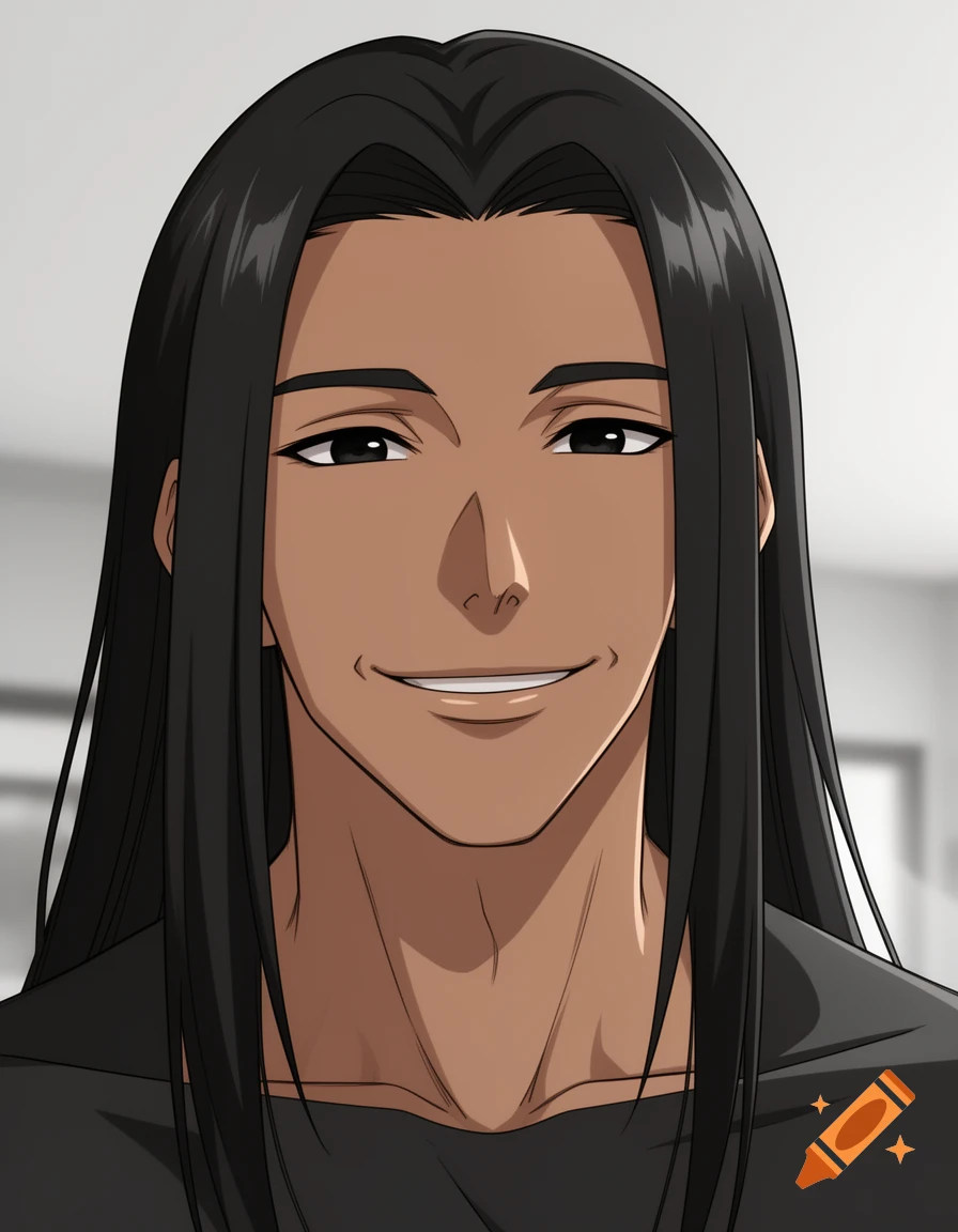 Anime portrait of a dark-skinned male with straight long black hair, a subtle smile, and a tilted head.
