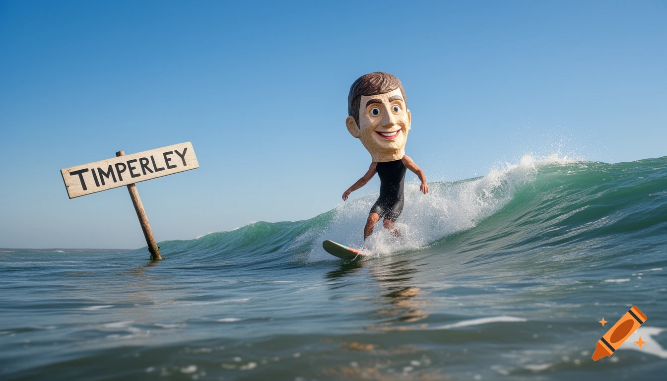 A man with a large, smiling cartoon head surfs a wave near a wooden signpost in the ocean that reads "TIMPERLEY".