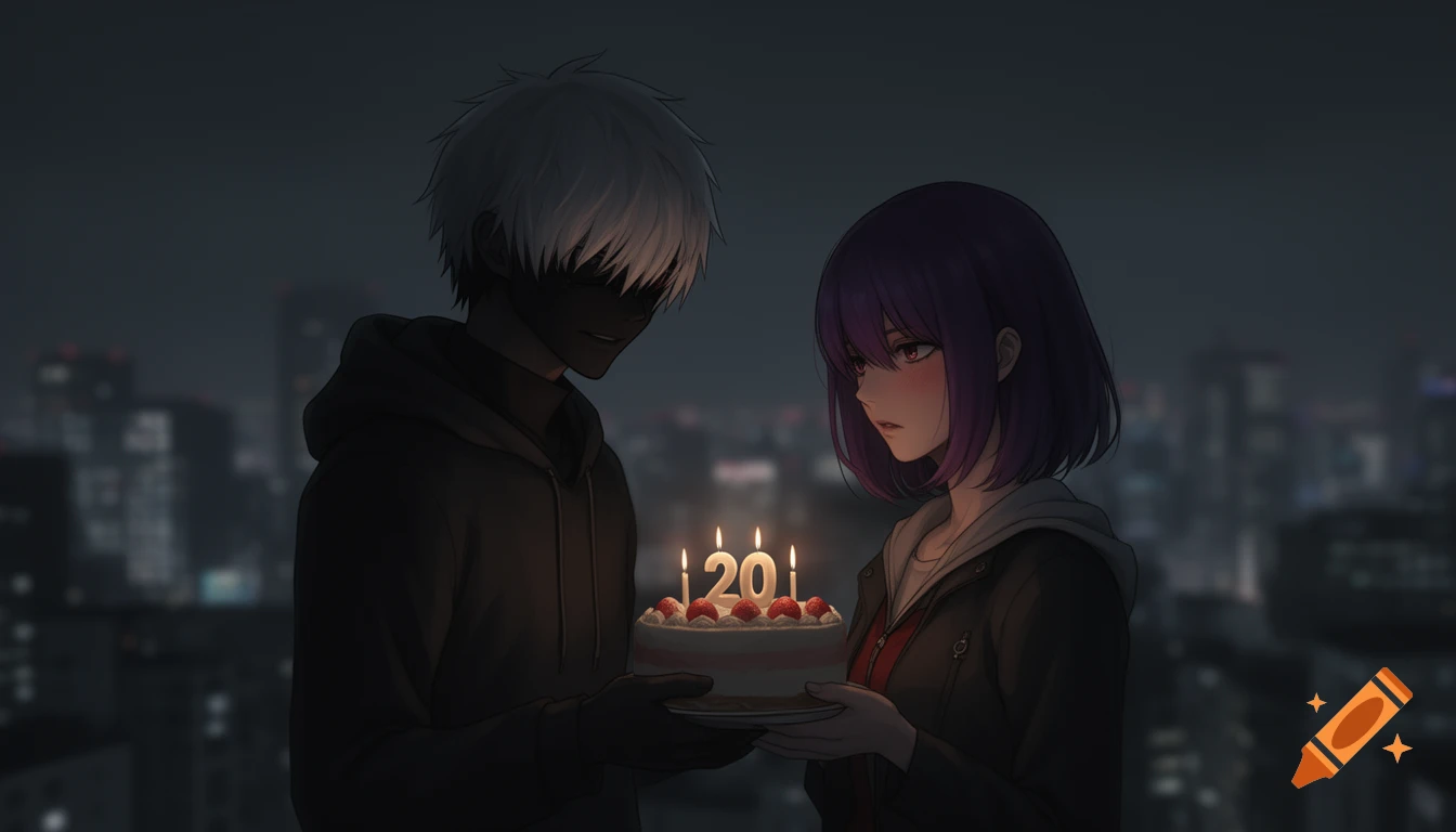 Anime man with white hair and woman with purple hair hold a birthday cake with '20' candles against a dark city night background.