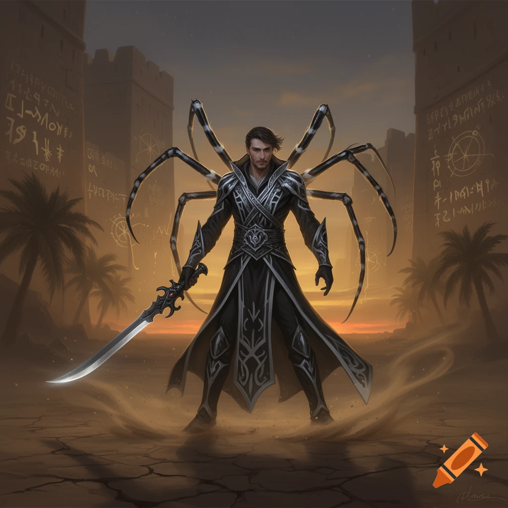A dark-clad male warlock with six spider legs on his back, holding a curved sword in a sandy desert with ancient ruins at sunset.