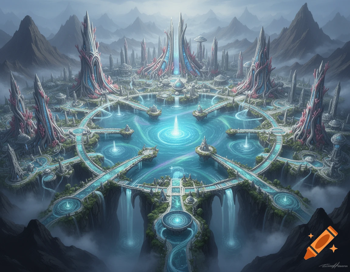 Top-down view of a vibrant fantasy metropolis with glowing blue water channels, bridges, coral-like spires, and mountains.