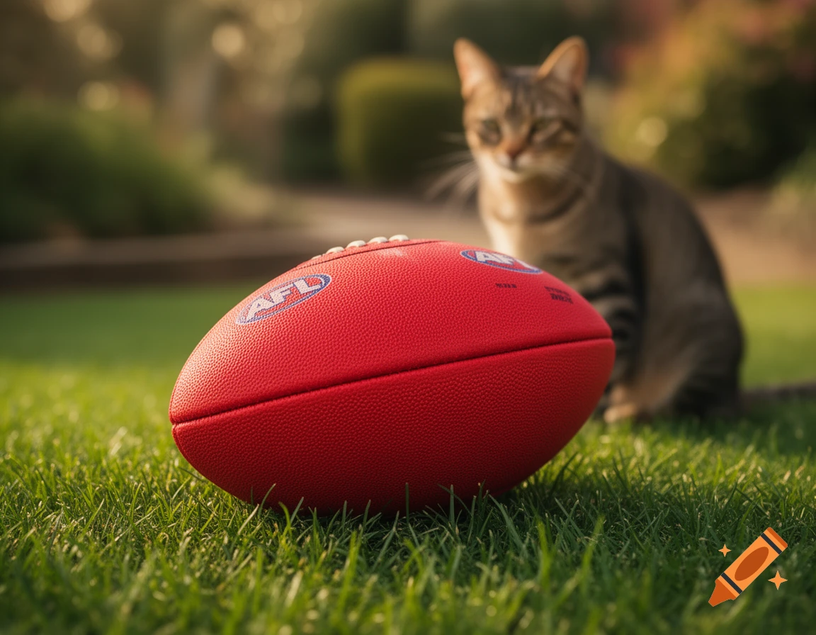 A close-up of a red AFL football on green grass with a blurred tabby cat in the background.