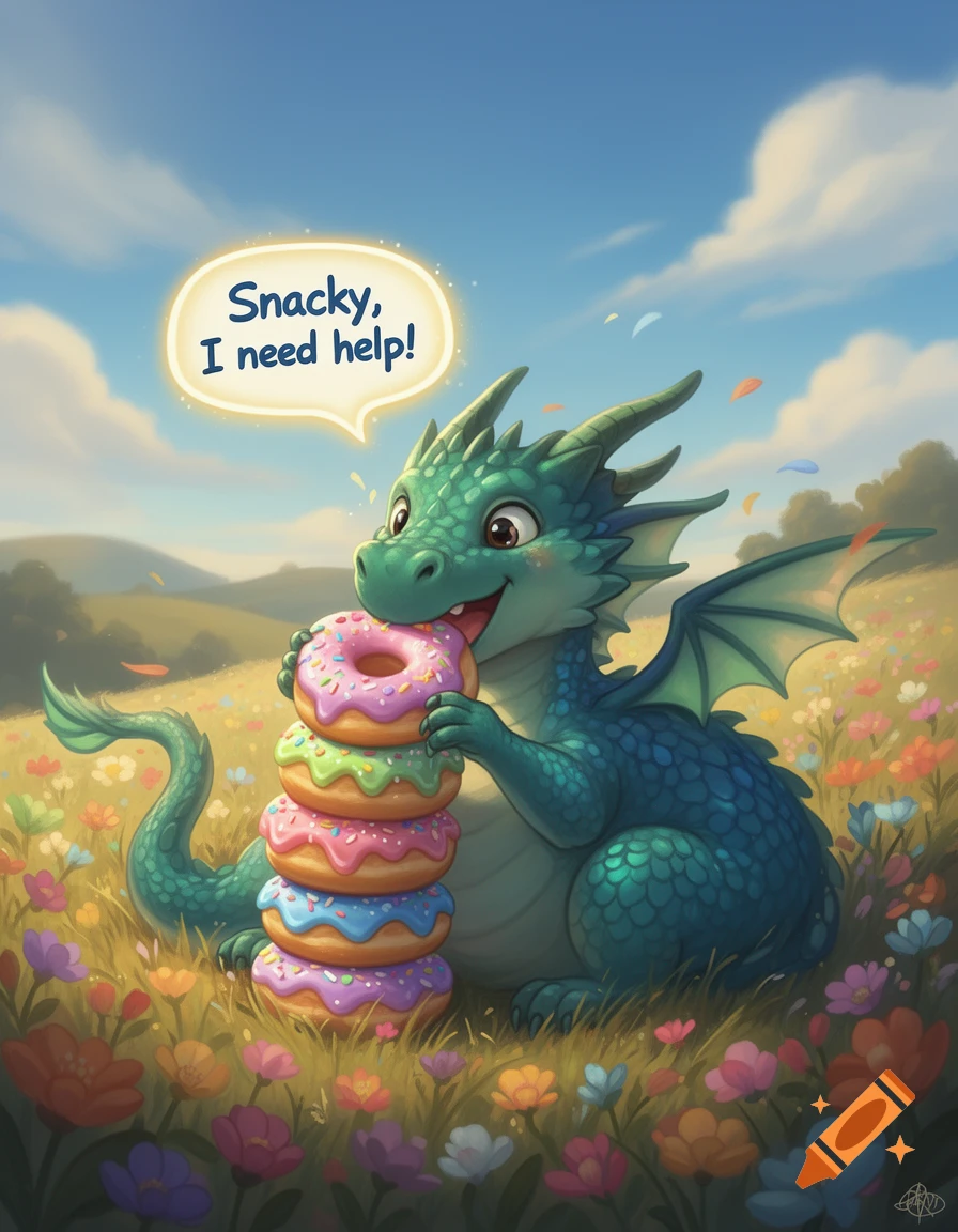 A cute cartoon green dragon eating a stack of colorful donuts in a field of flowers, with a speech bubble saying 'Snacky, I need help!'.