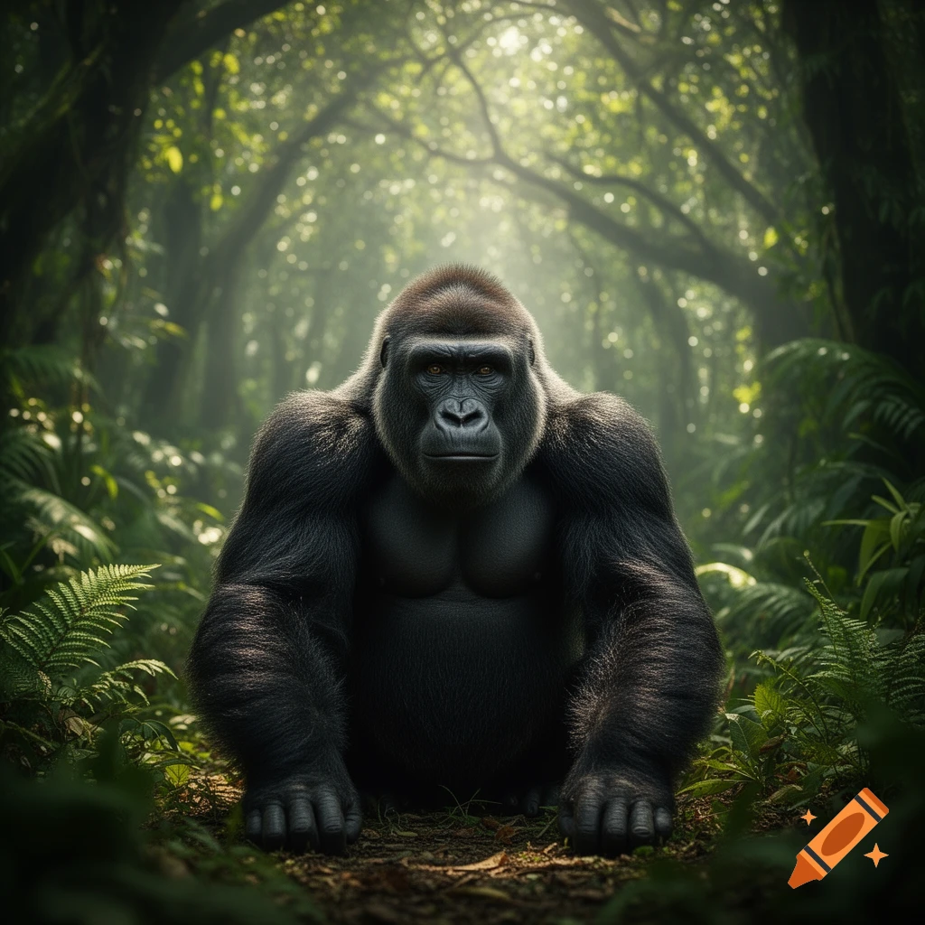 A large, photorealistic gorilla sits on the forest floor, gazing forward in a sunlit, lush green jungle.