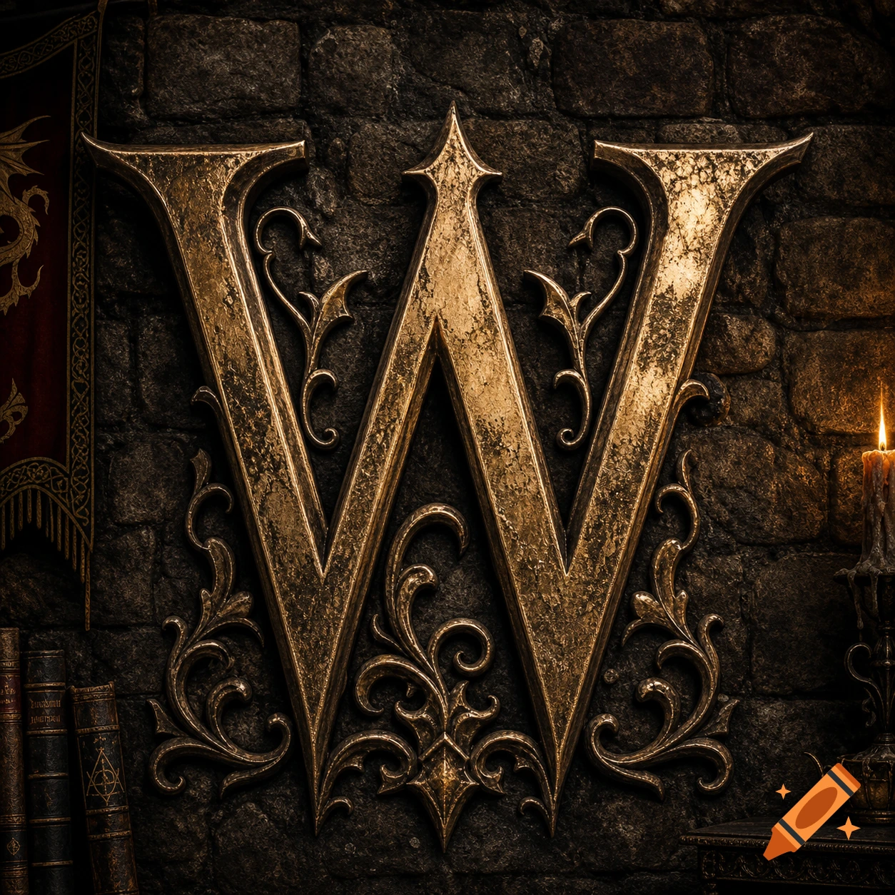 An ornate, textured gold letter W adorned with intricate filigree, set against a dark, rough stone wall in a dimly lit, fantasy-style room with old books and a candle.