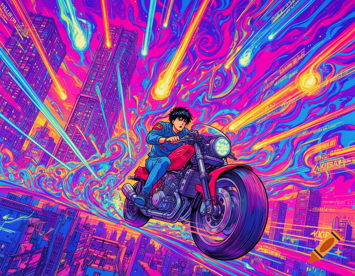 An anime character on a red motorcycle races through a vibrant, psychedelic cityscape with streaking meteors in a trippy art style.