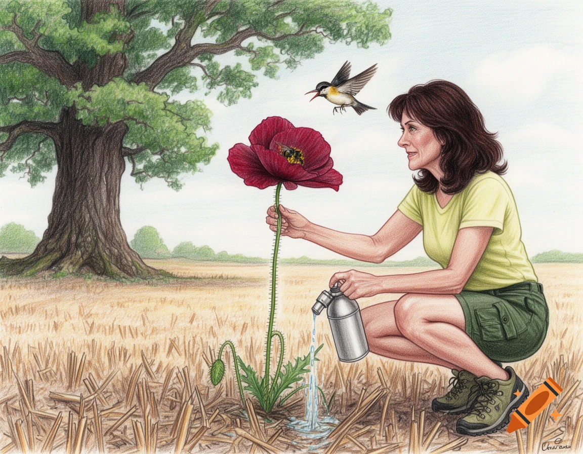 A colored pencil illustration of a woman crouching in a dry field, watering a red poppy with a bee inside, while a bird flies above an oak tree.
