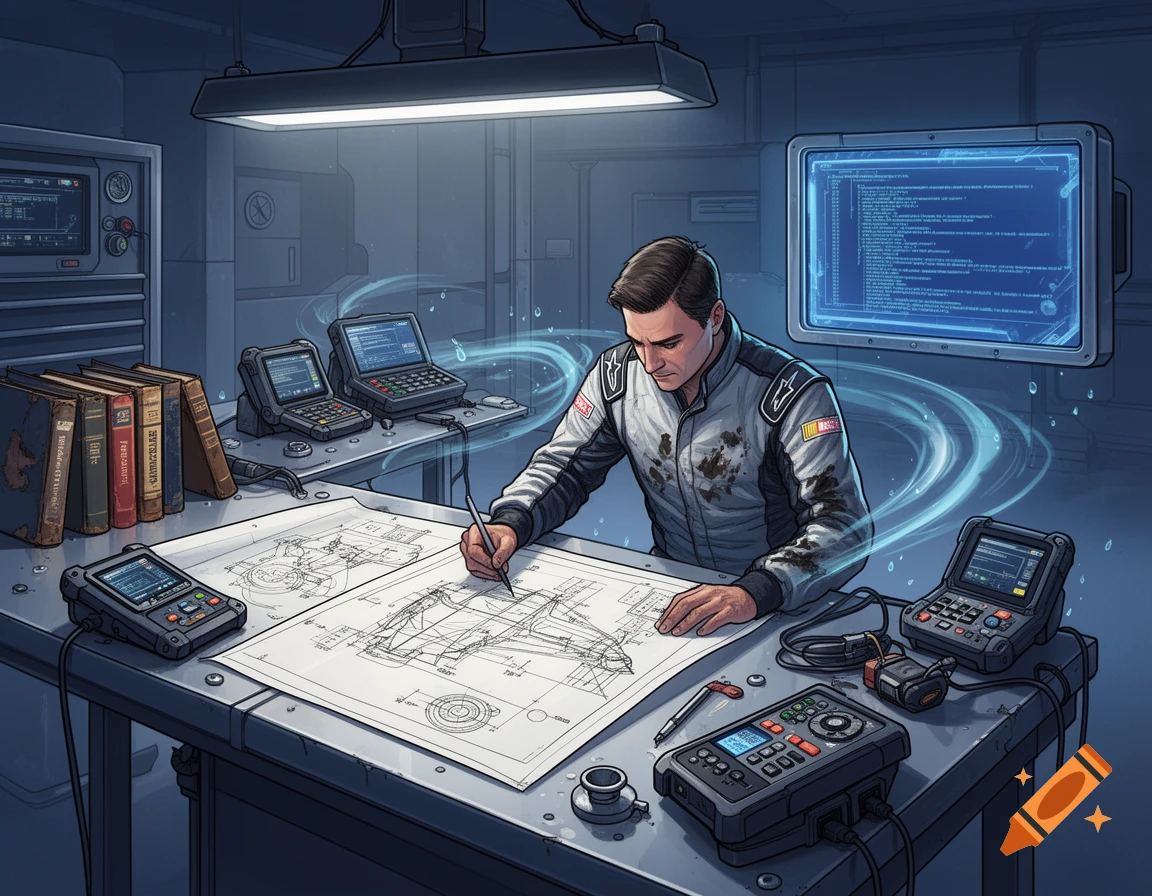 A mechanic in a dirty jumpsuit draws on blueprints at a desk with diagnostic tools, laptops, and a large monitor displaying code in a futuristic workshop.