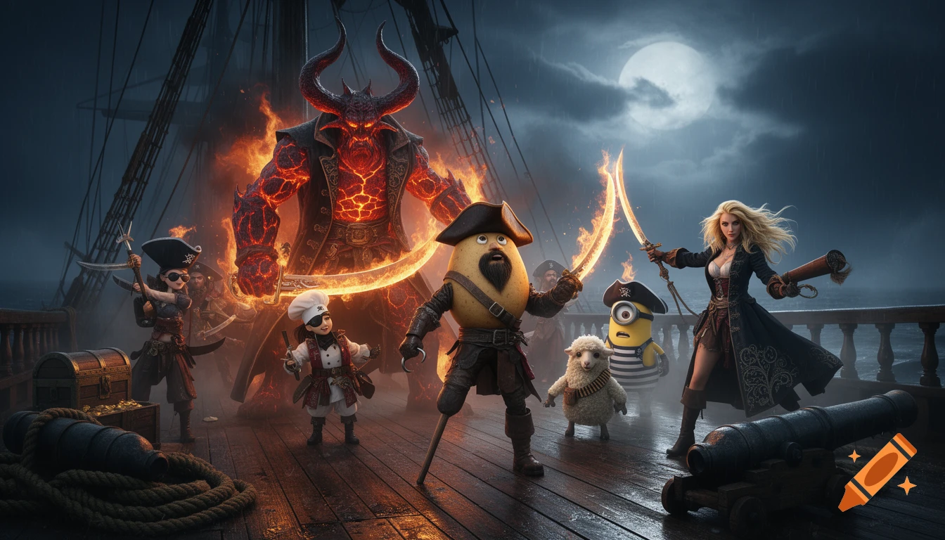 A cinematic pirate crew including a fiery Balrog, a potato, a tiny chef, a sheep, a Minion, and a woman with glowing swords, on a stormy ship deck at night.