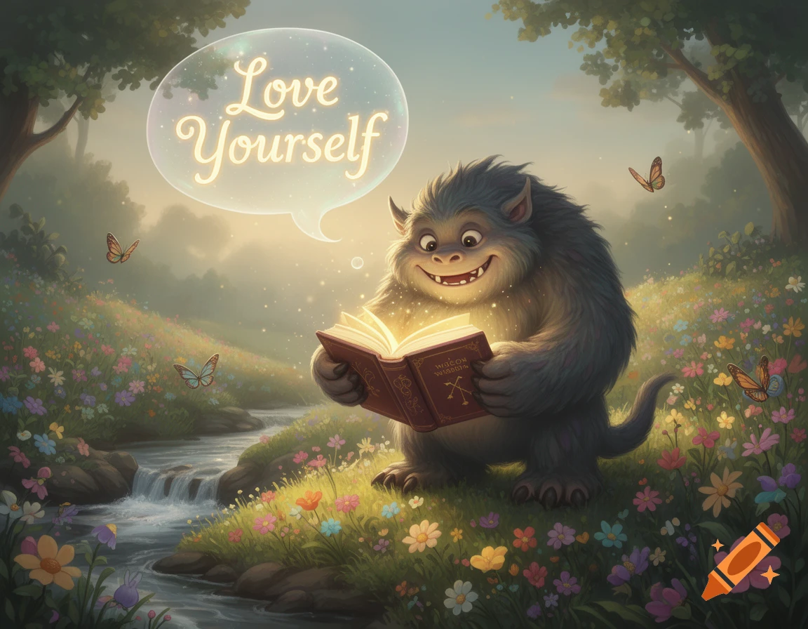 A furry, smiling monster reads a glowing book in a lush, flower-filled forest with a stream, and a thought bubble says "Love Yourself".