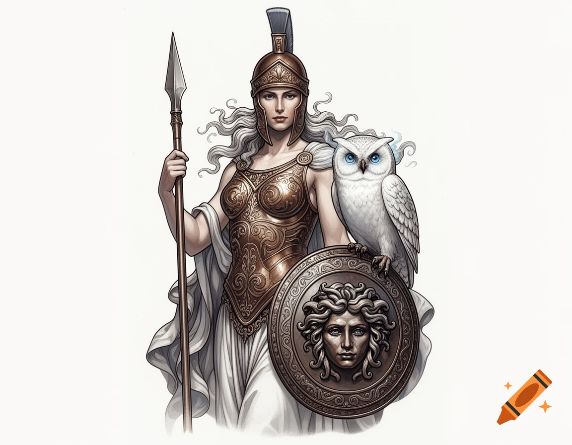 An illustration of the goddess Athena in bronze armor and helmet, holding a spear and a shield with Medusa's head, accompanied by a white owl.