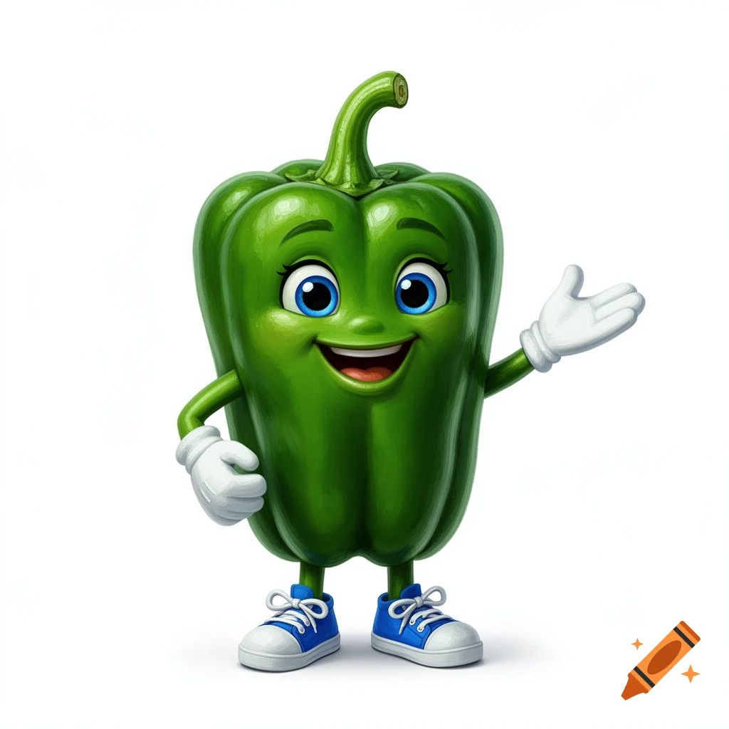 A smiling, anthropomorphic green bell pepper character with big blue eyes, white gloves, and blue sneakers gesticulating on a white background.