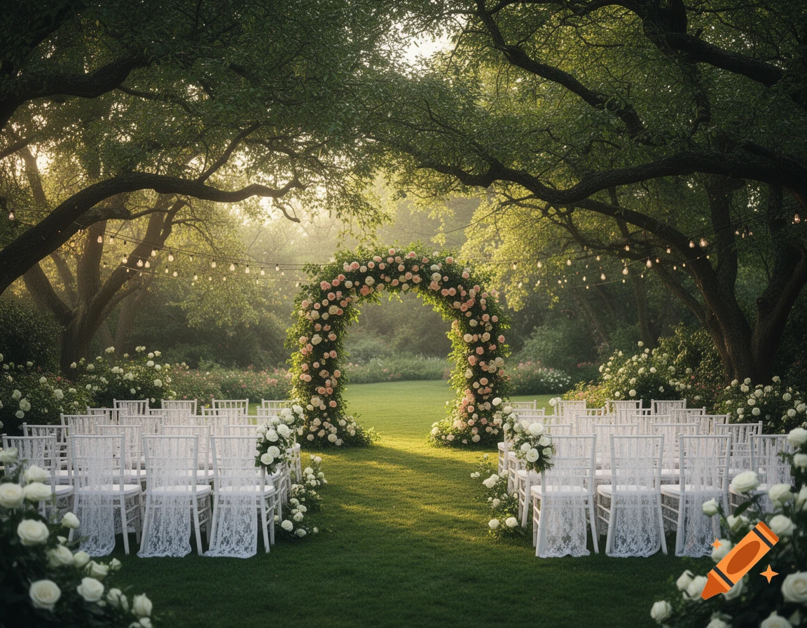 An enchanting outdoor wedding venue with white chairs, a rose arch, string lights, and lush trees in dappled sunlight.