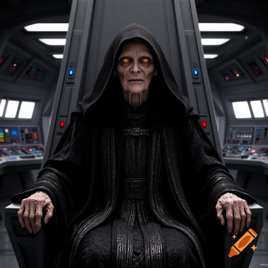 A photorealistic depiction of Emperor Palpatine, with a wrinkled face and glowing yellow eyes, sitting on a dark throne in a spaceship control room.